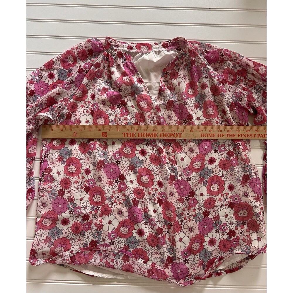 Boutique Floral Blouse Women Large L Pink Coral Long Sleeve Lined Flowy Scoop - Picture 4 of 9